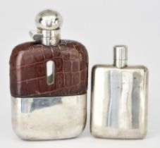 An Edward VII Small Silver Hip Flask and a Plated Mounted and Leather-Covered Flask, the small hip