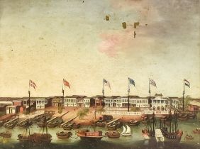 Early 19th Century Chinese School - An export oil painting showing the thirteen factories at