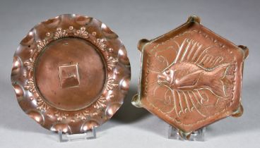 Herbert Dyer (1898-1974) - Hexagonal Copper Ashtray with a repousse and engraved fish design, signed