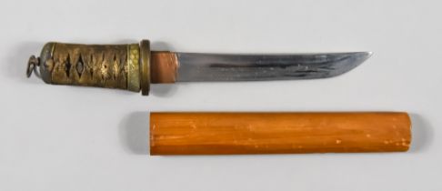 A Japanese Aikuchi, signed Yoshi Iye, bright steel blade, 6.5ins, cotton wrapped hilt with ray skin,