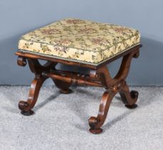 A Victorian Rosewood Rectangular Stool, the seat upholstered in floral pattern cloth, on x-pattern