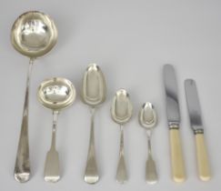 A George III Silver Old English Pattern Soup Ladle and Mixed Flatware, the soup ladle by George