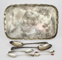 An Early 20th Century Silver Rectangular Tray and Mixed Silverware, the tray hallmarks rubbed,