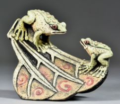 Blandine Anderson (20th/21st Century) - Stoneware - Frog rocker, two frogs balancing on a branch,