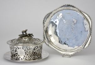 A Victorian Silver Circular Basket, Cover and Stand and a George V Plate, the basket, cover and