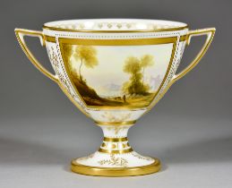 A Royal Worcester Vase, 1921, by Harry Davis, of two-handled Kylix form, finely painted with a