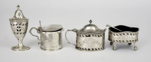 A Victorian Silver Circular Mustard Pot and an Elizabeth II Silver Oval Three-Piece Condiment Set,