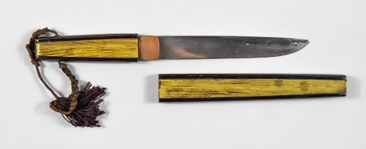 A Japanese Tanto, in unusual carved fan shaped scabbard, presumed unsigned, bright steel blade, 7.