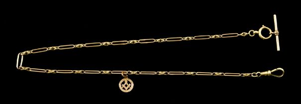 A 9ct Gold Albert Watch Chain, with small suspended Masonic charm and T-Bar, 350mm in length,