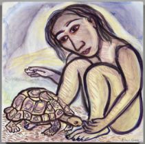 ARR Eileen Cooper R.A. (born 1953) - Watercolour/chalk and pencil - "Woman with Tortoise", dated