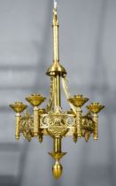 A Brass Six-Light Hanging Candelabra of Ecclesiastical Design, the central column with circular