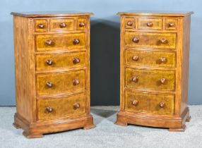 A Pair of Modern Burr and Cross Banded Walnut and Oak Bedside Chests by Frank Hudson, with moulded