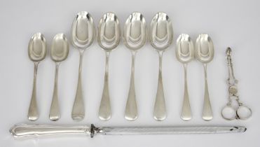 A Pair of Georgian Silver Sugar Tongs and Mixed Flatware, the sugar tongs with partial marks with