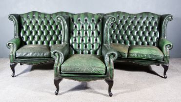 A Modern Green Studded Leather Sitting Room Suite, of Queen Anne Design, comprising - two two-seat