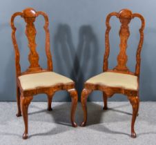 A Pair of 19th Century Dutch Walnut and Marquetry High Back Dining Chairs, of "Early 18th Century"