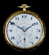 A Yellow Metal Open Faced Keyless Pocket Watch, by Longines, gold case, 48mm diameter, silver dial