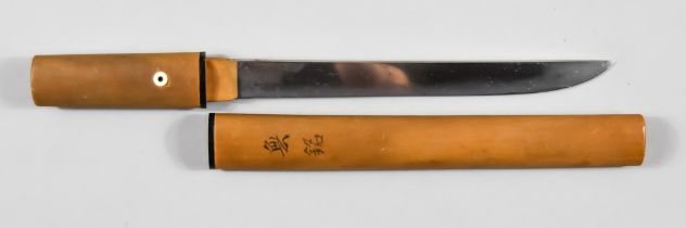 A Japanese Tanto, signed with Kanji, bright steel blade, 10ins, with wave hamon, wooded saya, wooden