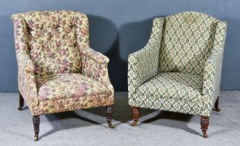 Two Victorian Square Back Easy Chairs, each upholstered in floral pattern cloth, on turned front