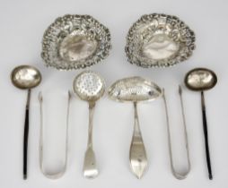 A George III Silver Fiddle Pattern Sugar Sifter Spoon and Mixed Silverware, the sugar sifter by