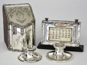 An Edward VII Silver Mounted and Leather Covered Stationery Slope and Mixed Silverware, the