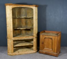 A 19th Century Stripped Pine Barrel Backed Two Tier Corner Cupboard, with moulded cornice, the upper