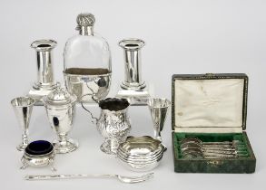 A Late Victorian Cut Glass and Silver Mounted Hip Flask and Mixed Silverware, the hip flask by