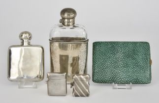 A George V Small Silver Hip Flask and Mixed Items, the hip flask by Laurence Emanuel, Birmingham