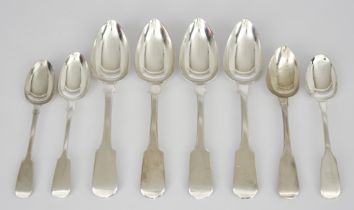Eight Georgian and Victorian Silver Fiddle Pattern Dessert Spoons and Twelve Teaspoons, various