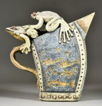 Blandine Anderson (20th/21st Century) - Stoneware - Frog jug, the body incised with fish, the rim