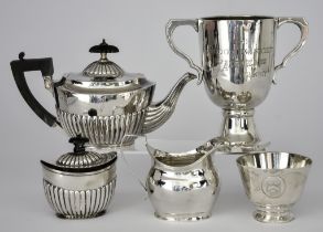 A Victorian Silver Oval Batchelor's Teapot and Mixed Silverware, the teapot maker's mark rubbed,