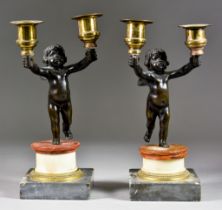 A Pair of Continental Bronze and Gilt Metal Candelabra, Early 19th Century, modelled as winged putti