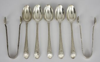 Five George III Silver Teaspoons and a Selection of Sugar Tongs,  the teaspoons by Hester Bateman,