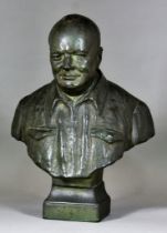 After Albert Toft (1862 - 1949) - A bronzed bust of Winston Churchill wearing battle dress, on