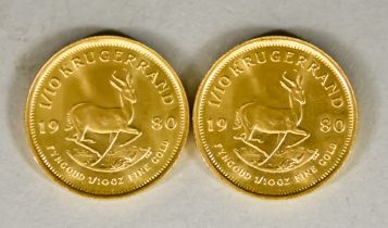 Two 1/8th Krugerrand Coins, 1980, fine