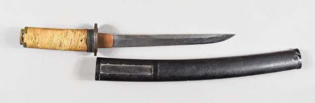 A Japanese Tanto, unsigned, bright steel blade, 8.5ins,  iron tsuba, cotton wrapped hilt,