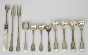 Four William IV Silver Fiddle and Thread Pattern Salt Spoons and Mixed Flatware, the condiment