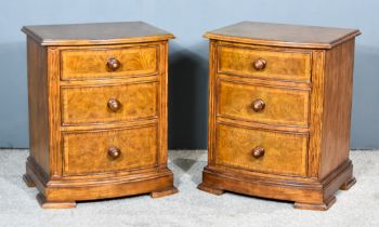 A Pair of Modern Burr and Cross Banded Walnut and Oak Bedside Chests by Frank Hudson, with moulded