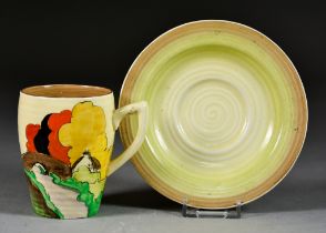 Clarice Cliff - a Lynton shaped coffee cup and saucer, enamelled in colours in "Lorna" pattern, 3.