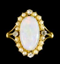 An Opal, Seed Pearl and Diamond Ring, set with a centre opal stone, approximately 17mm x 10mm,
