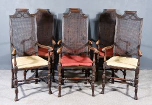 A Set of Six 19th Century Oak Framed High Backed Armchairs, of William and Mary Design, with cane