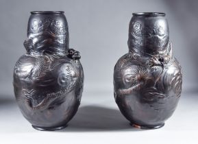 A Pair of Bretby "Clanter" Moulded Pottery Vases, Circa 1914, of Japanese inspiration, the bodies