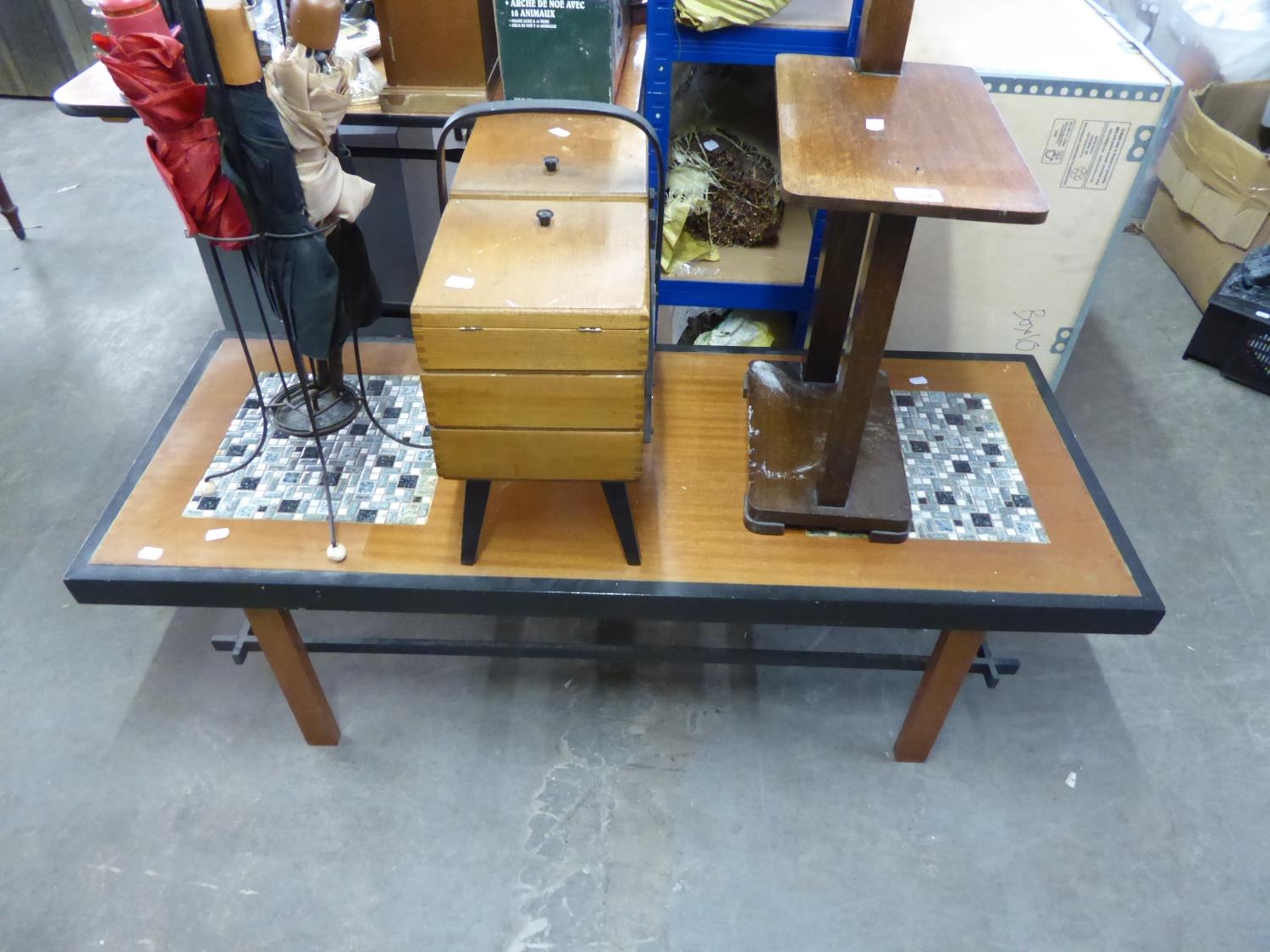 OAK SMOKER'S COMPANION, CANTILEVER SEWING BOX ON LEGS, 1960s WIRE STICK STAND AND A 1970s OBLONG