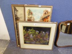 PAIR OF MID TWENTIETH CENTURY ORIENTAL PAINTINGS ON PANEL, STREET SCENES WITH AWNINGS AND STEEP