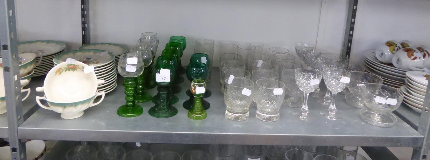 SET OF SIX GREEN COLOURED HOCK GLASSES WITH RIBBED COLUMN, SET OF FOUR SIMILAR, TWO OTHERS SIMILAR