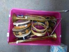 A GROUP OF MUSICAL INSTRUMENTS INCLUDING; BUGLES, TAMBOURINES, RECORDERS, BODHRAN AND OTHER ITEMS (