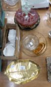 ASSORTED DISHES TO INCLUDE; GILT LEAF DISHES, STUDIO GLASS PLATES, DESSERT SET AND OTHER ITEMS (