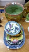 LARGE CERAMIC JARDINIERE WITH MOULDED DECORATION PLUS BLUE AND WHITE MEAT PLATE, IRONSTONE AND