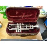 CASED SILVER COLOURED TRUMPET (NO MAKERS NAME)