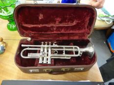 CASED SILVER COLOURED TRUMPET (NO MAKERS NAME)