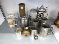 TWO LARGE POTTERY STEINS WITH PEWTER LIDS, FOUR PEWTER TANKARDS (THREE WITH GLASS BASES) 2 ITEMS